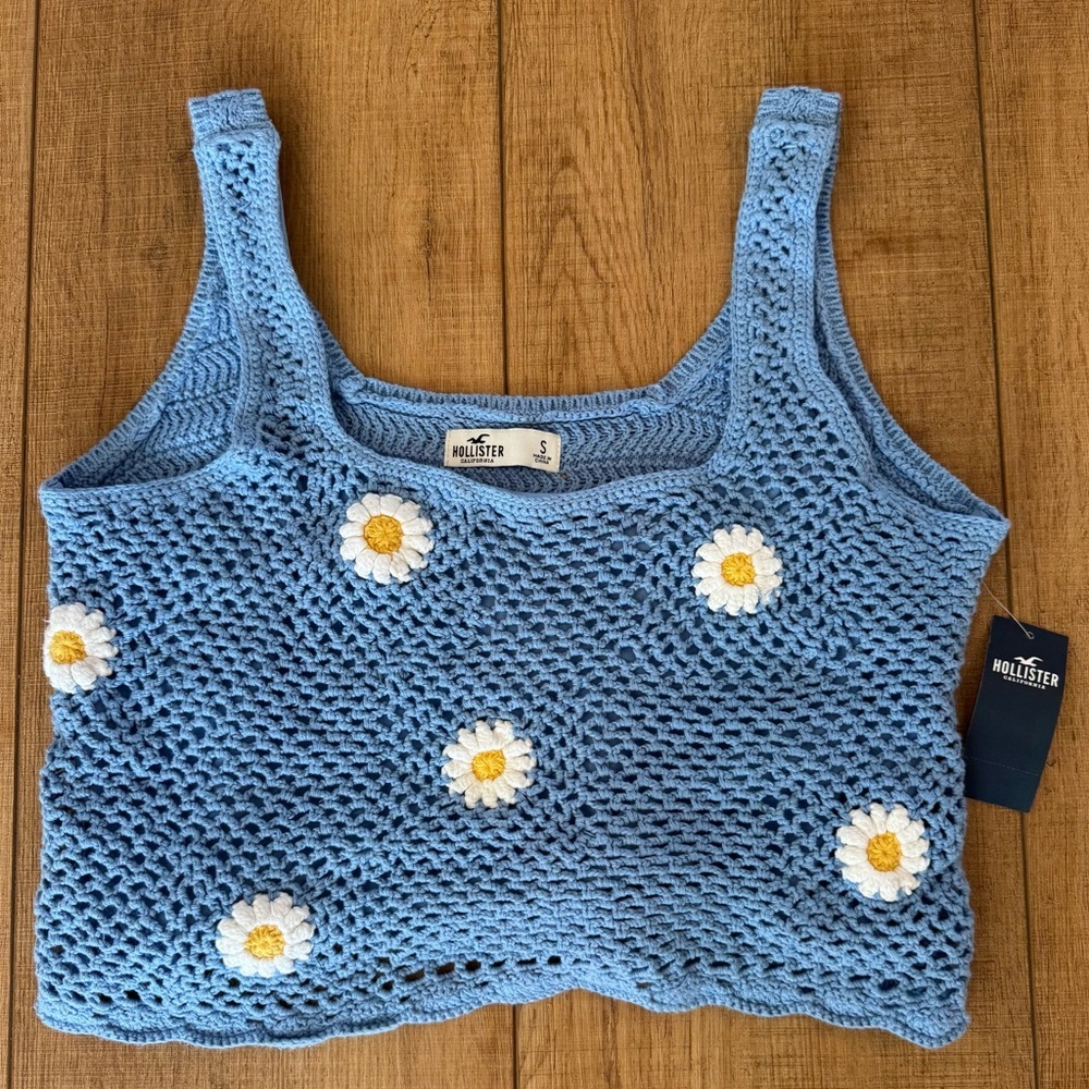 New Hollister Blue Crochet Daisy Tank Crop Top Size Small